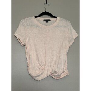 Women's Pink Summer Crop Top Solid Short Sleeve Twist Front Tee T-Shirt Size L